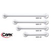 Photo of four white wall grab bars of different legths are labeled with model numbers