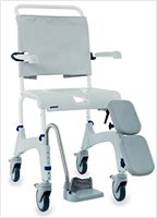Photograph of shower chair with back, wheels, arms and leg supports.