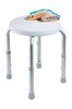Photograph of round shower stool with four adjustable legs.